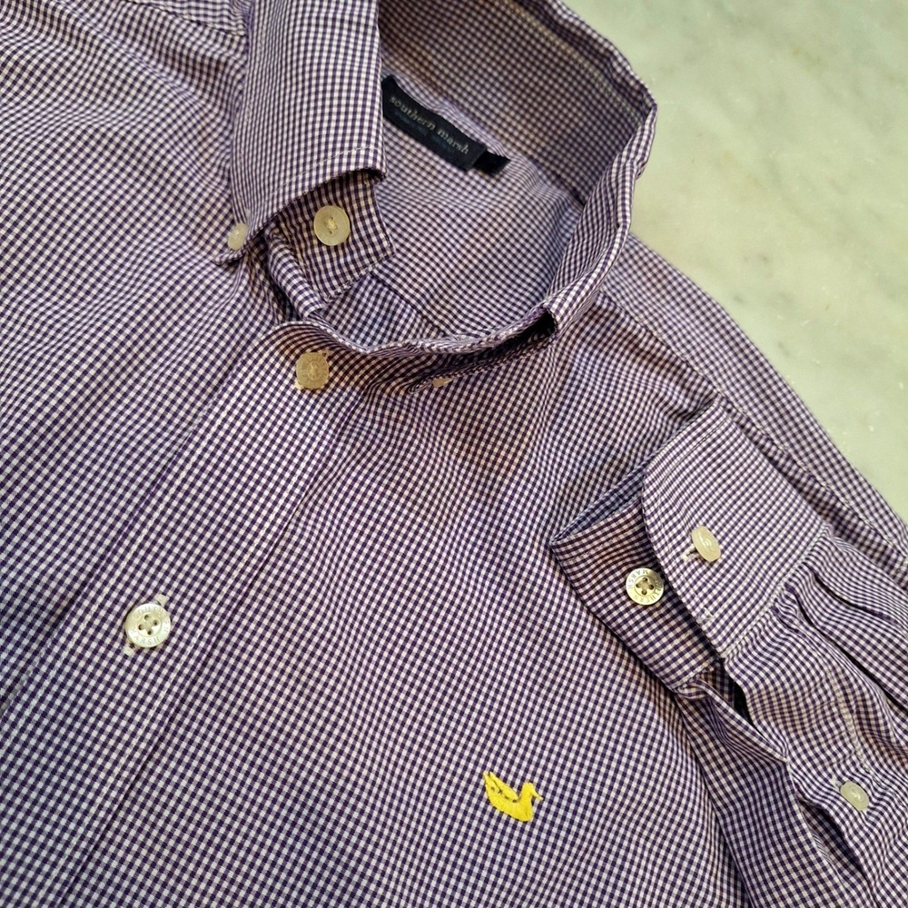 Southern Marsh LSU Buttondown M Purple Gingham Yellow Duck WrinkleFree LS Shirt